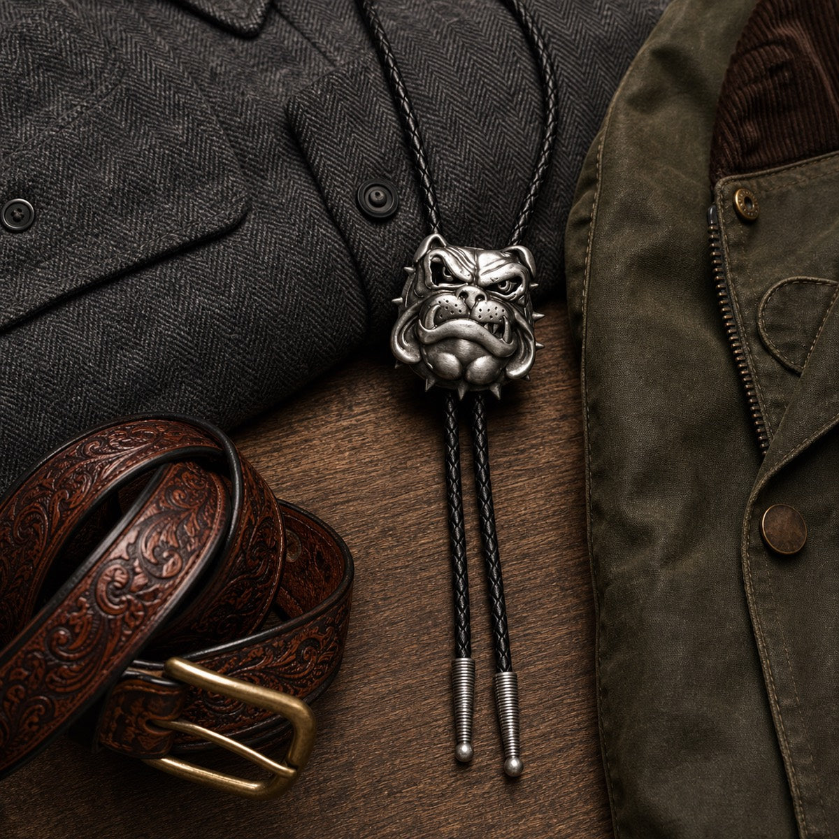 British Bulldog Antique Silver Bolo Tie