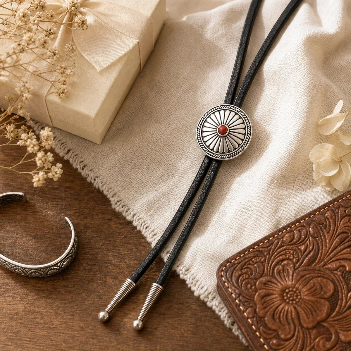 Daisy Red Agate Sterling Silver Bolo Tie