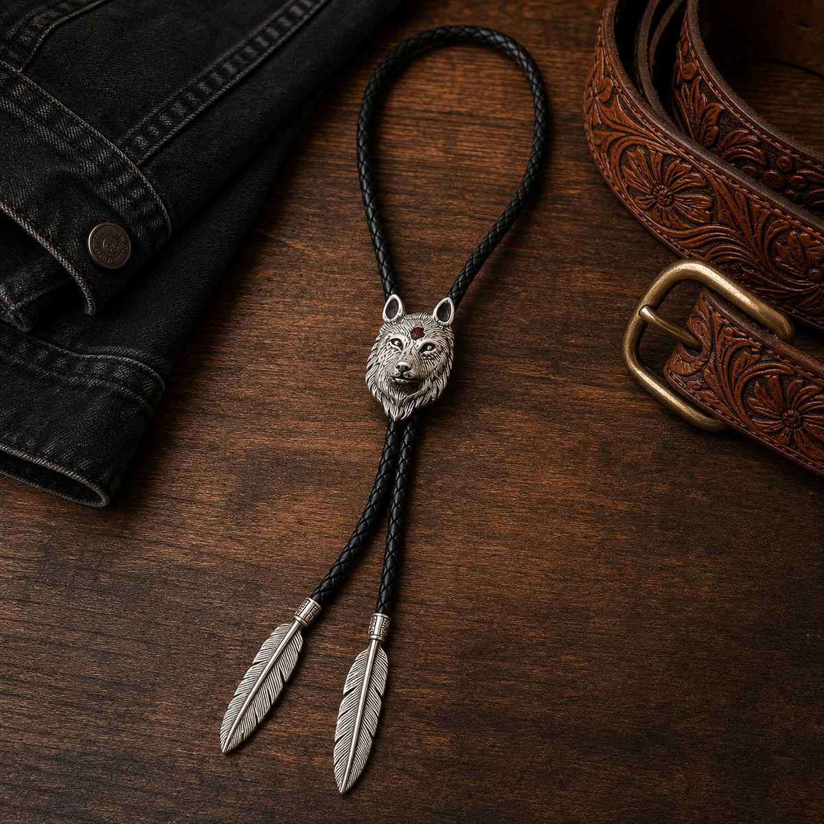 Stainless Steel Red Inlay Wolf Head Bolo Tie