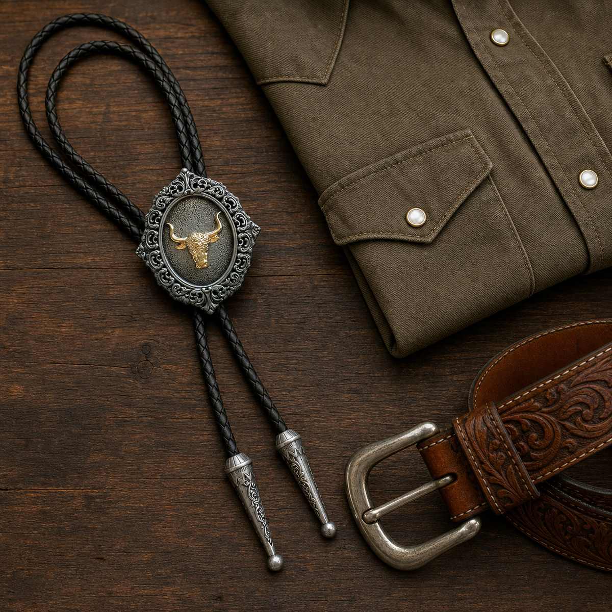 Gold Longhorn Antique Silver Bolo Tie