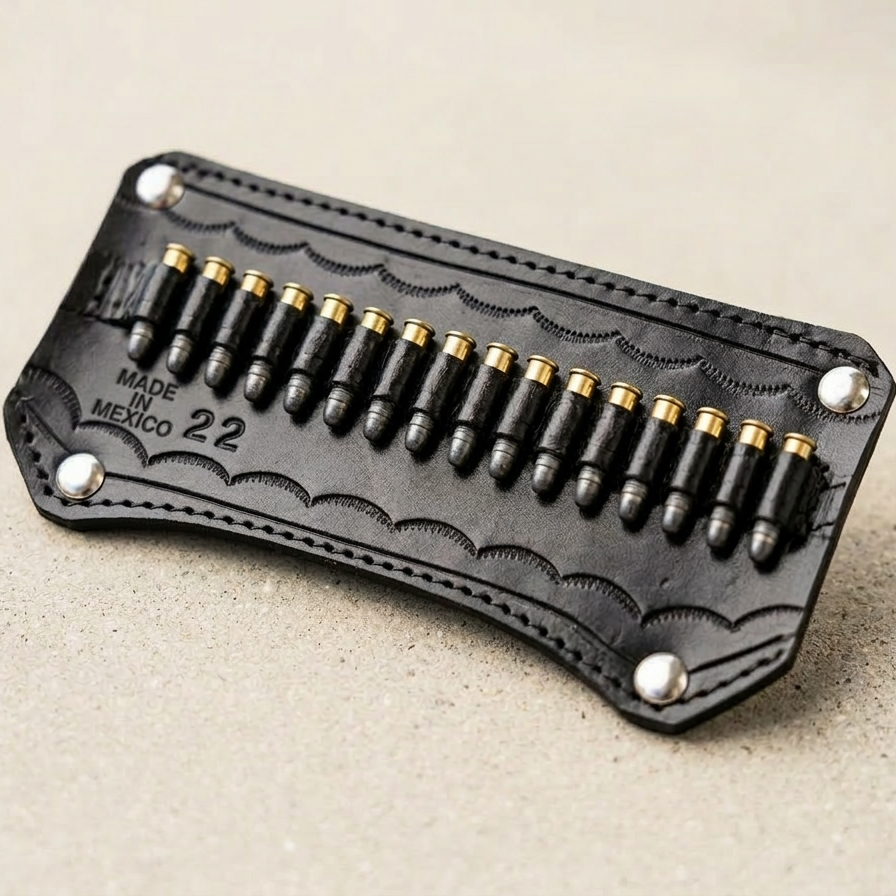 Black leather magazine holder with bullets on a beige background