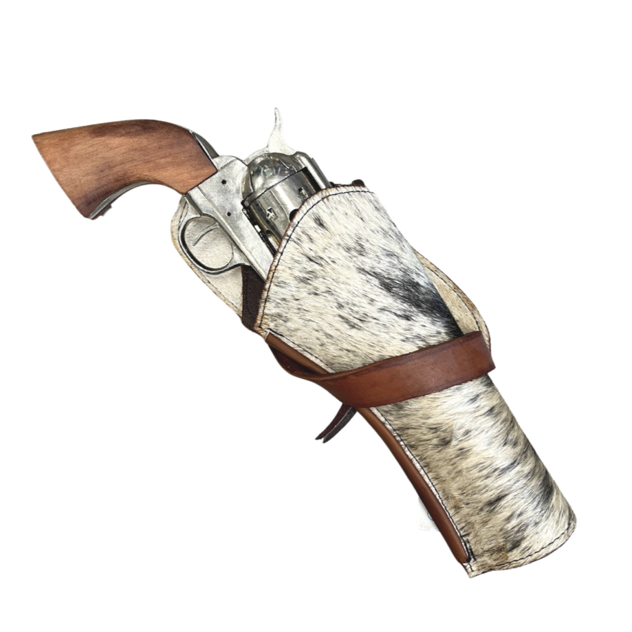 Revolver in a cowhide holster with wooden grip on a white background