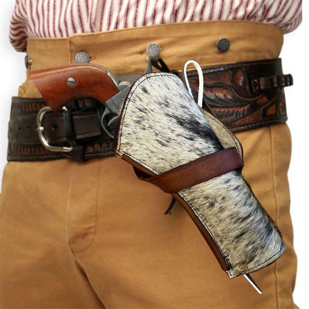 Person wearing a leather holster with a gun on a white background