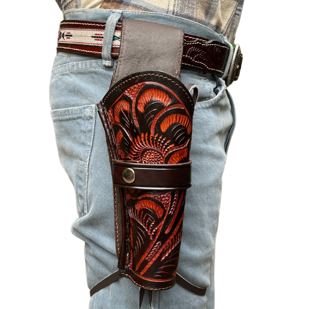Hip Draw Tooled Leather Holster  - Brown