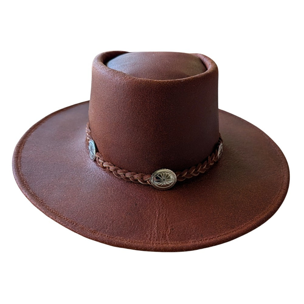 Rancher’s Brown Leather Cowboy Hat – Wide Brim, Braided Hatband
