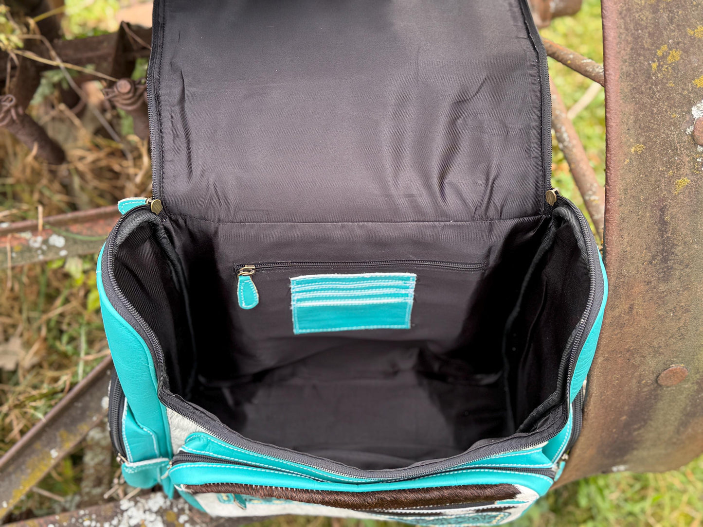 Pink or Turquoise Genuine Western Cowhide Leather Backpack Diaper Bag Personal Item carry-on luggage