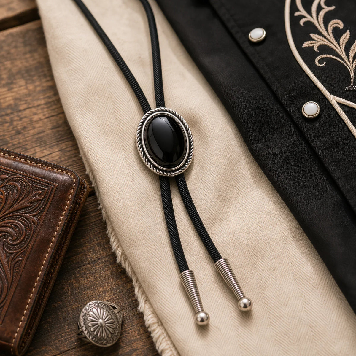 Silver Rope Black Obsidian Bolo Tie
