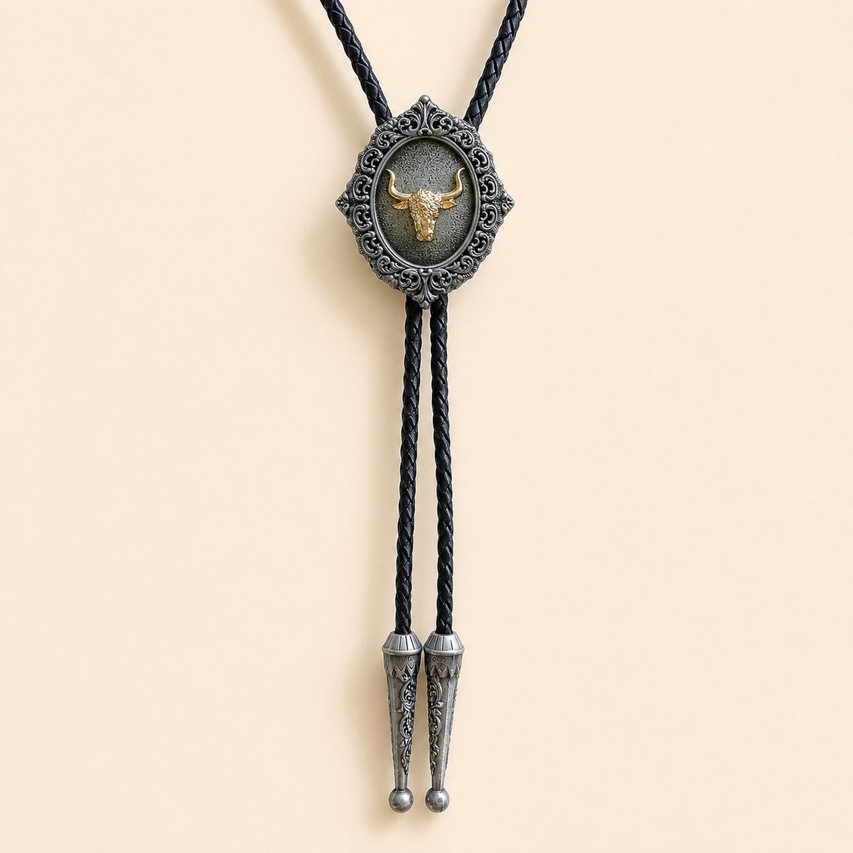 Gold Longhorn Antique Silver Bolo Tie
