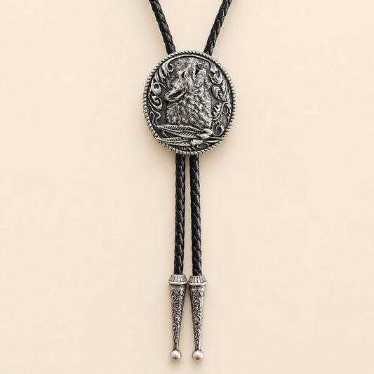 Moonlit Howling Wolf Silver Bolo Tie