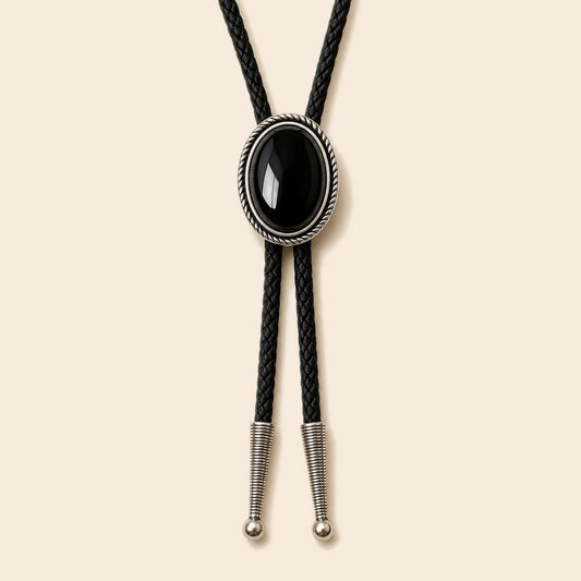 Silver Rope Black Obsidian Bolo Tie