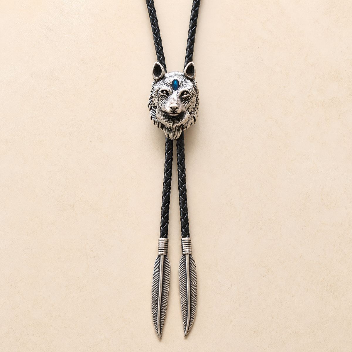 Stainless Steel Blue Inlay Wolf Head Bolo Tie
