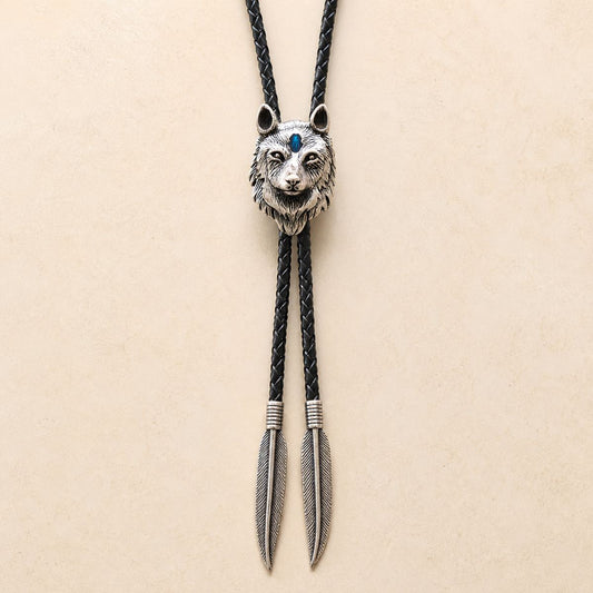 Stainless Steel Blue Inlay Wolf Head Bolo Tie