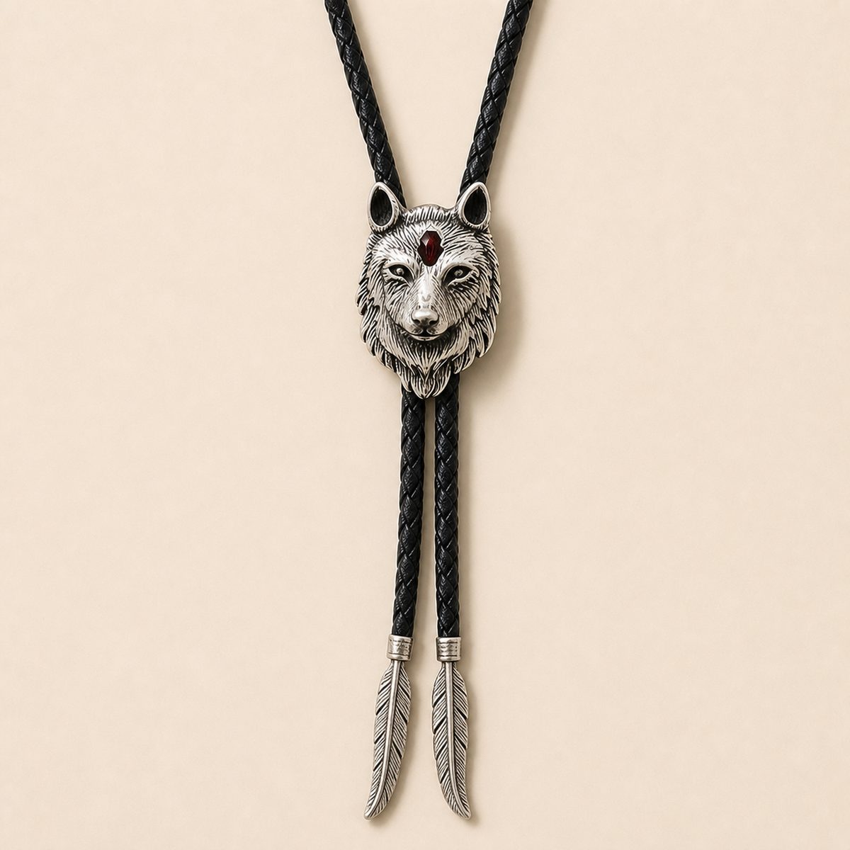 Stainless Steel Red Inlay Wolf Head Bolo Tie