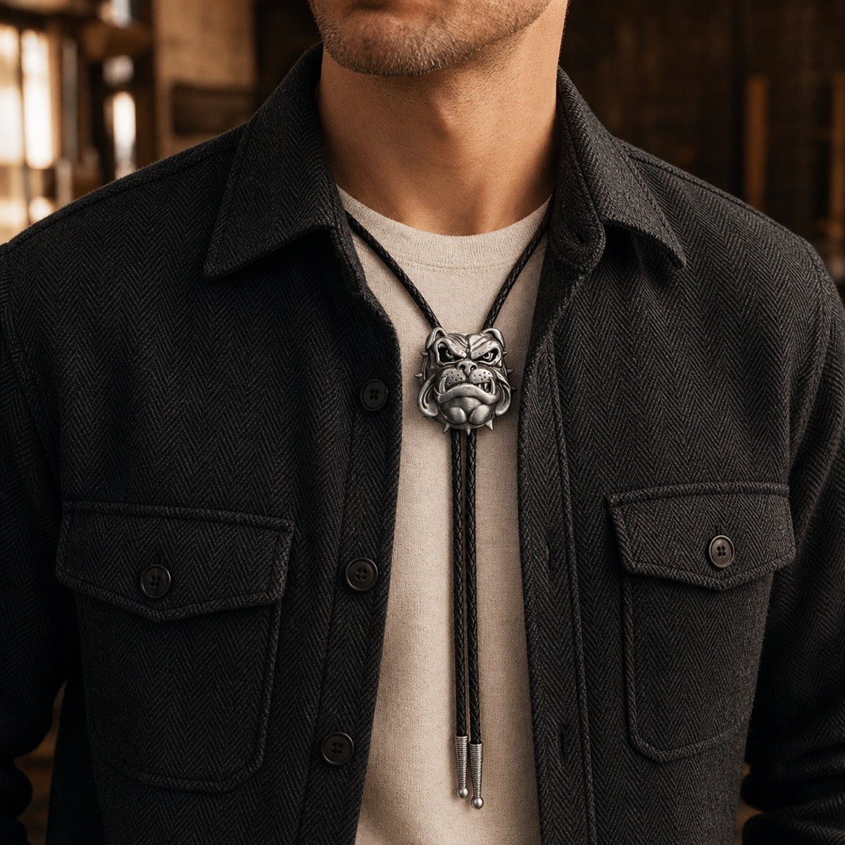 British Bulldog Antique Silver Bolo Tie