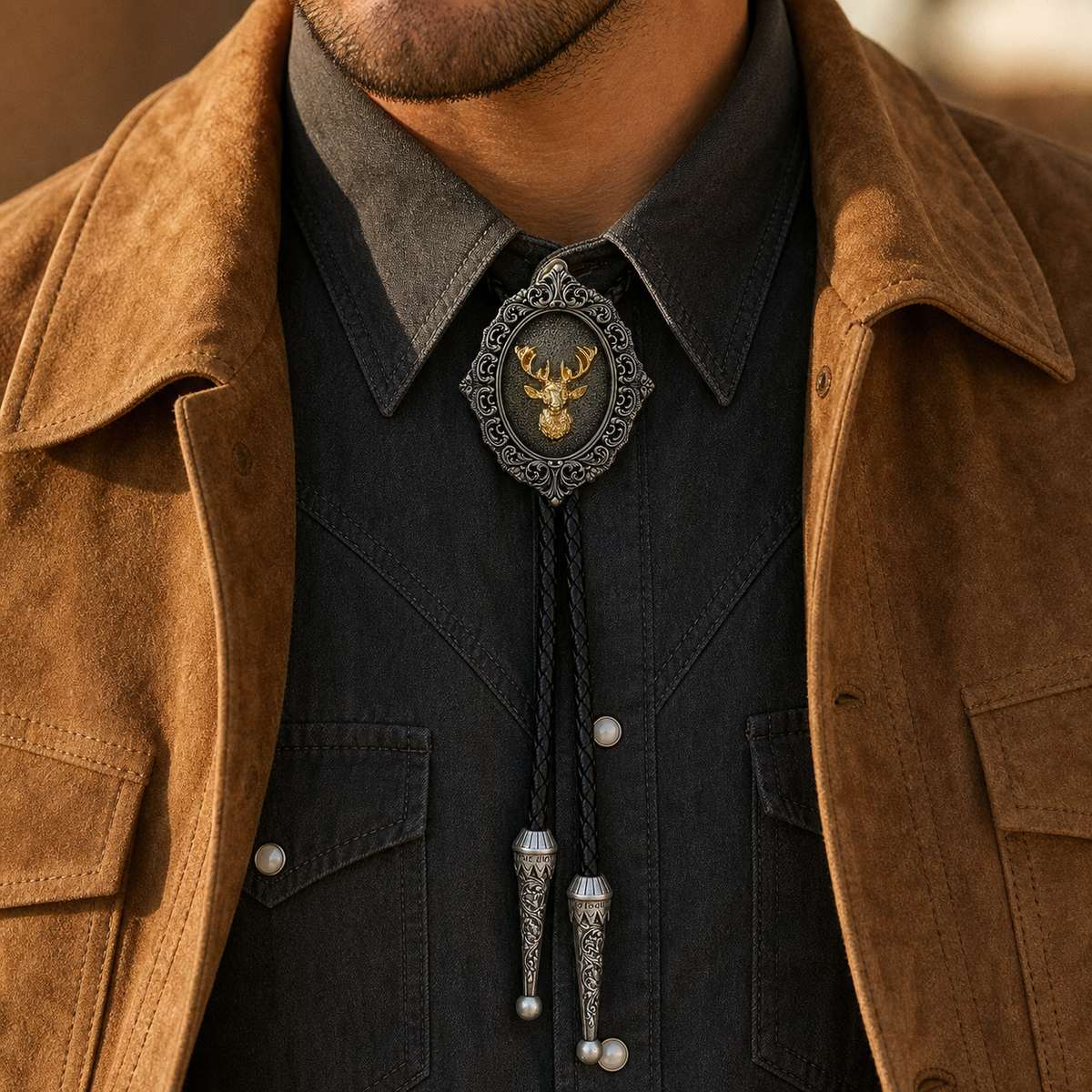 Gilded Stag Antique Silver Bolo Tie