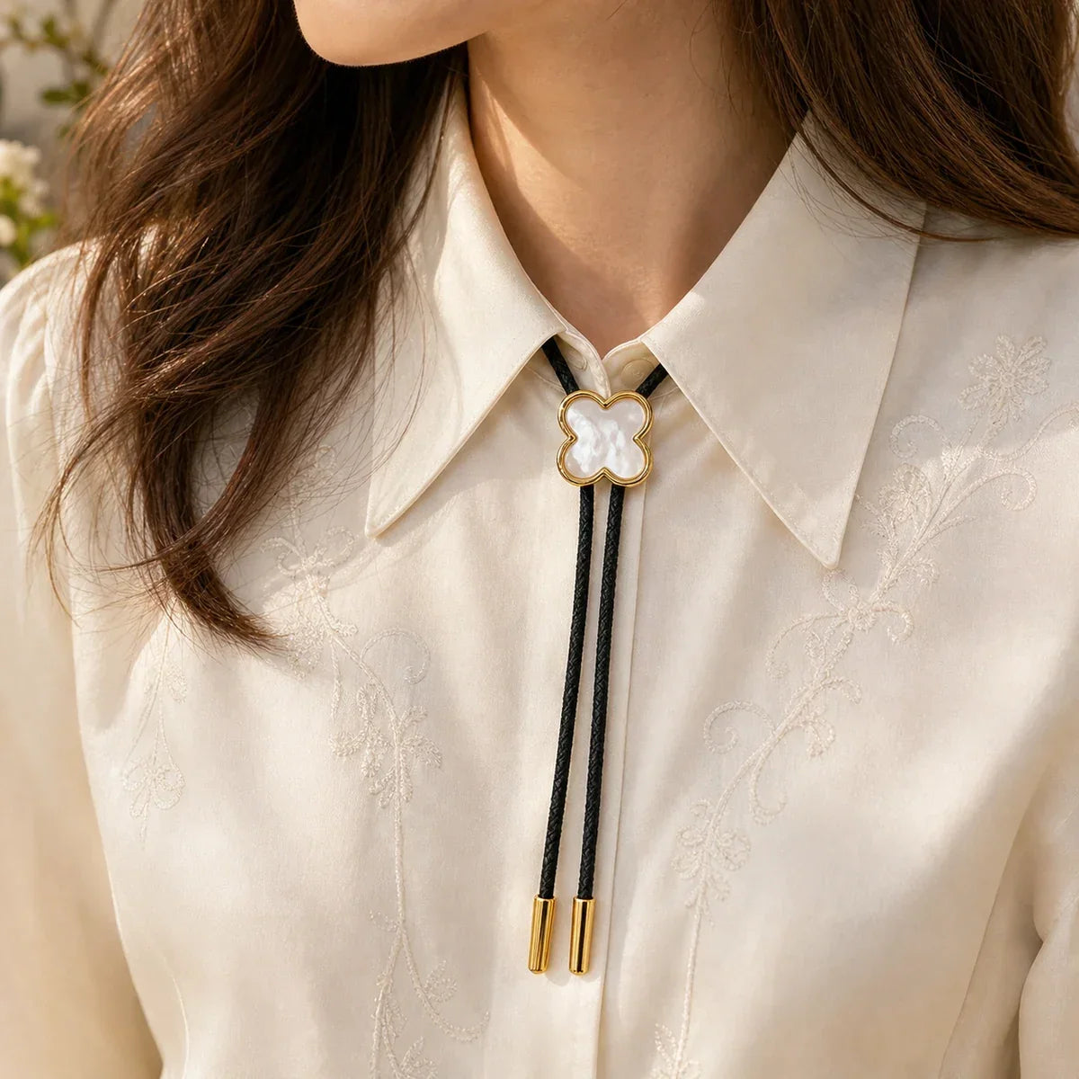 Lucky Clover White Shell Gold-Plated Bolo Tie