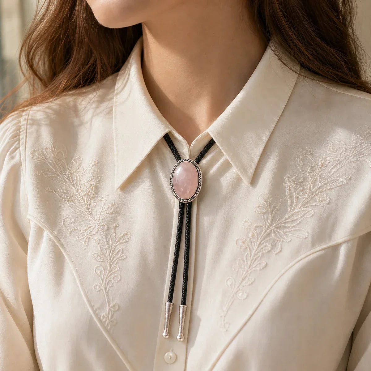 Rose Quartz Silver-Plated Bolo Tie