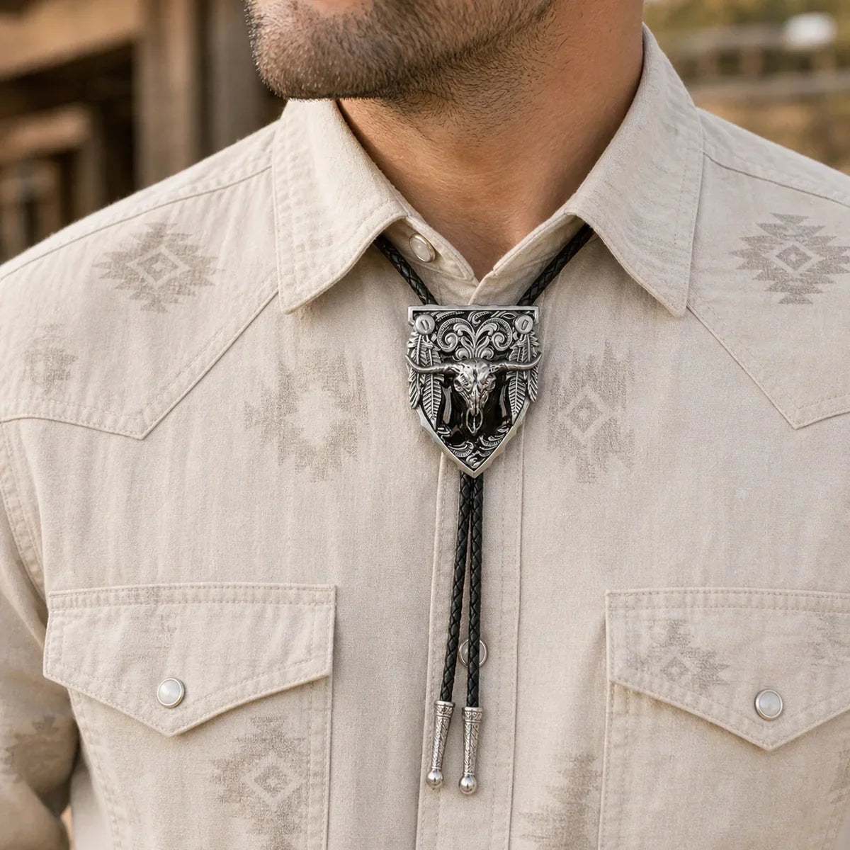 Western Longhorn Black Enamel Bolo Tie