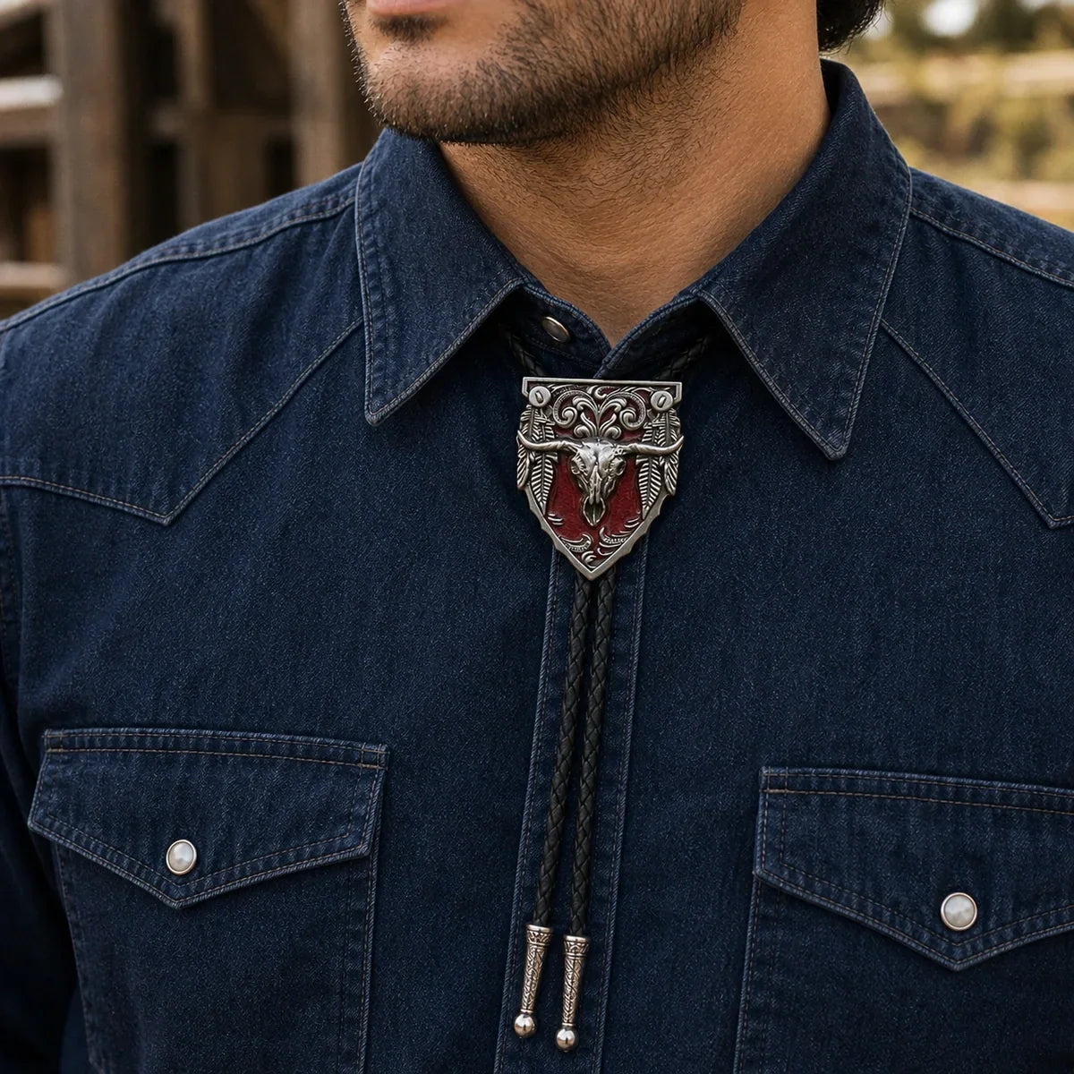 Western Longhorn Red Enamel Bolo Tie