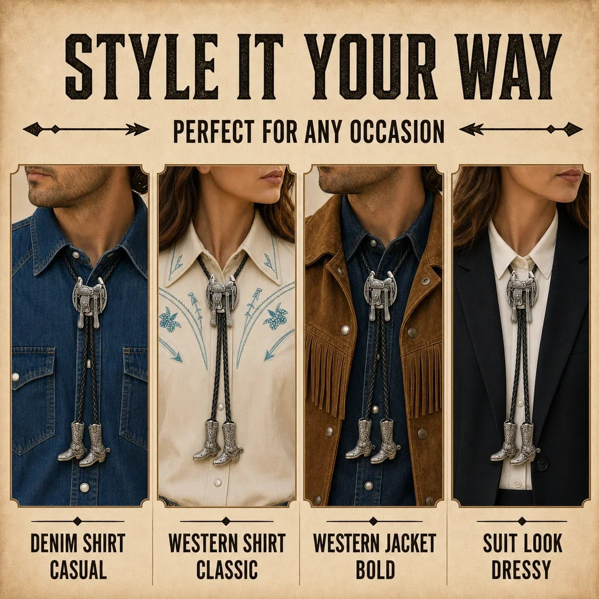 Silver Saddle Cowboy Boot Bolo Tie