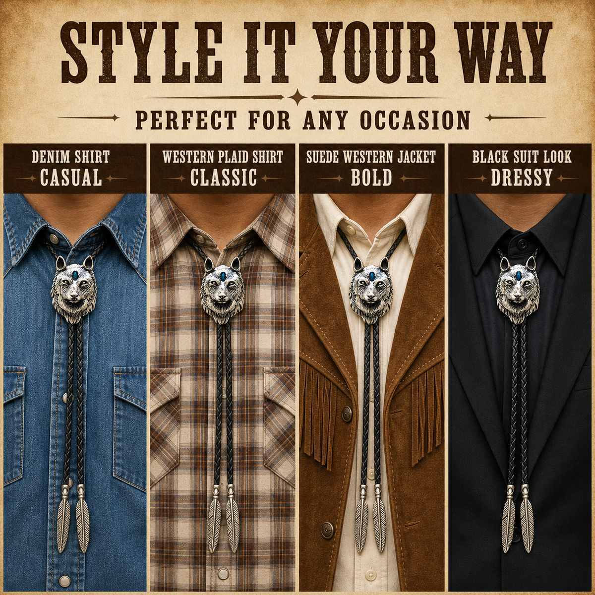 Stainless Steel Blue Inlay Wolf Head Bolo Tie