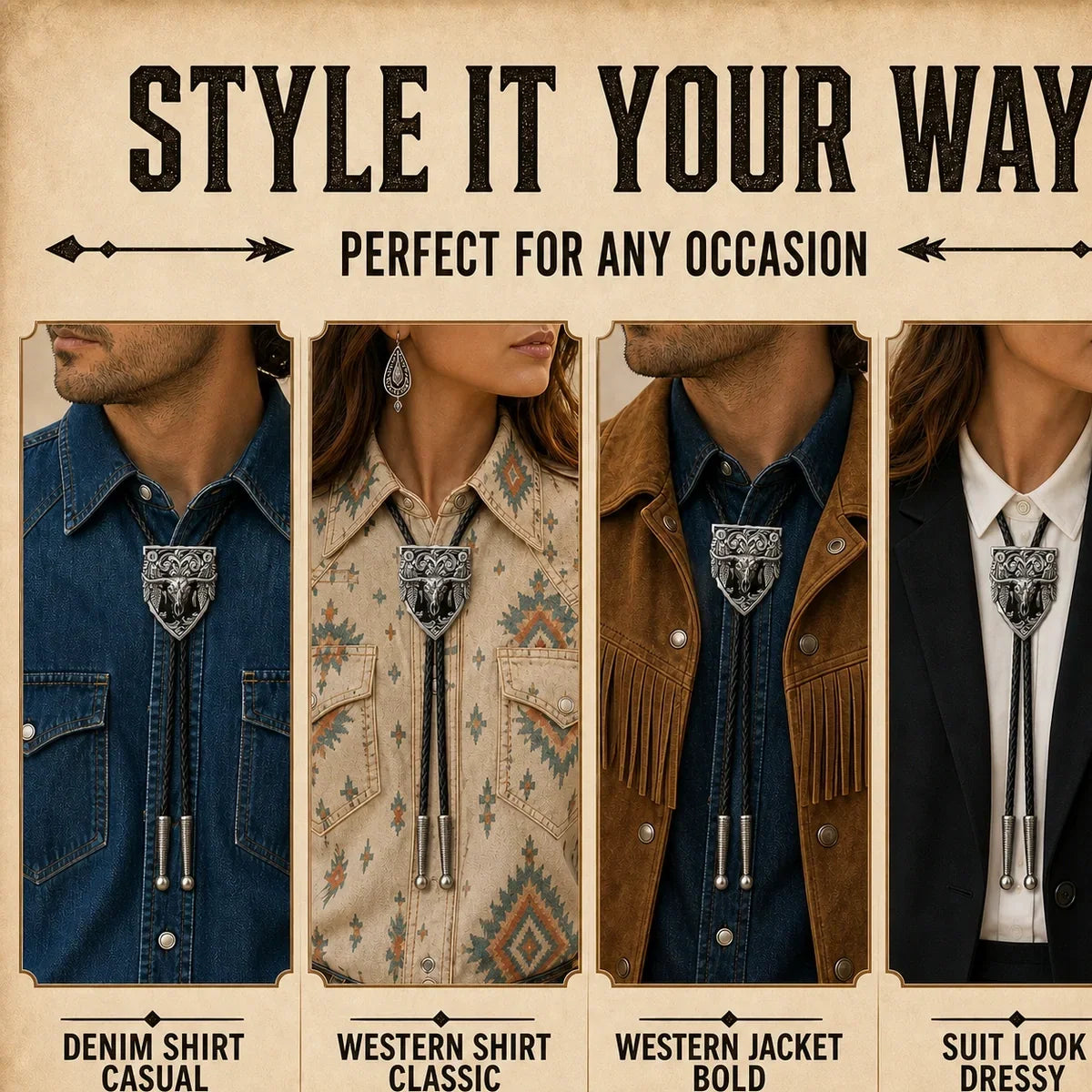 Western Longhorn Black Enamel Bolo Tie