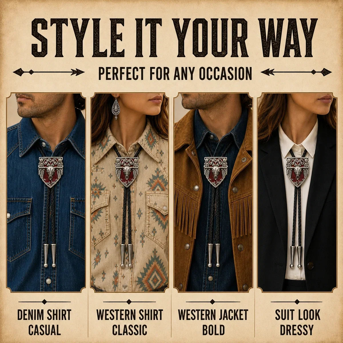 Western Longhorn Red Enamel Bolo Tie