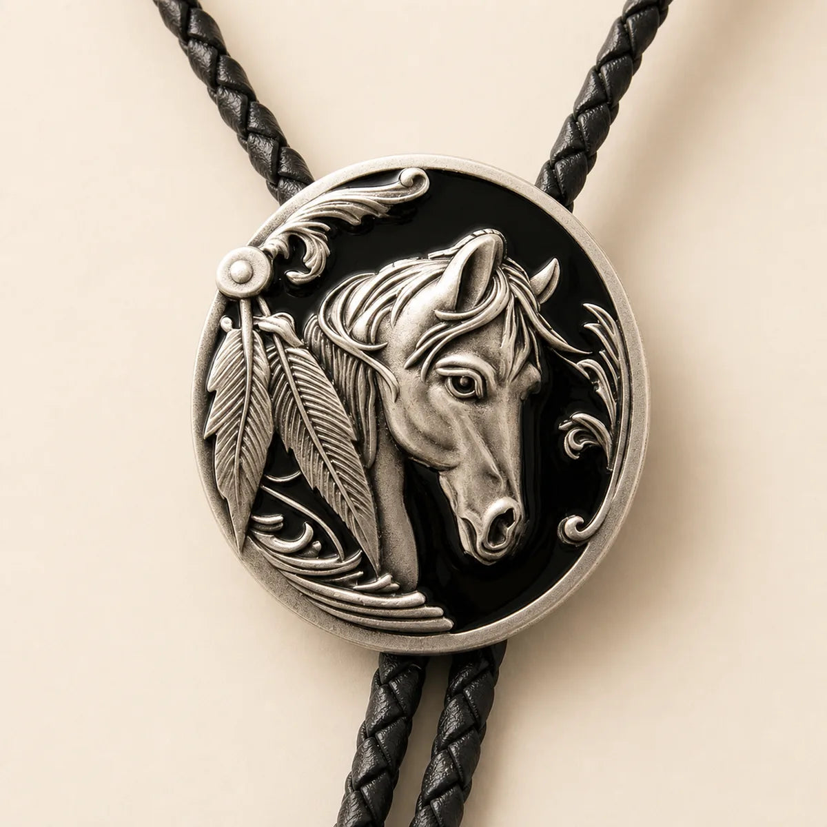 Black Horse Head Antique Silver Bolo Tie