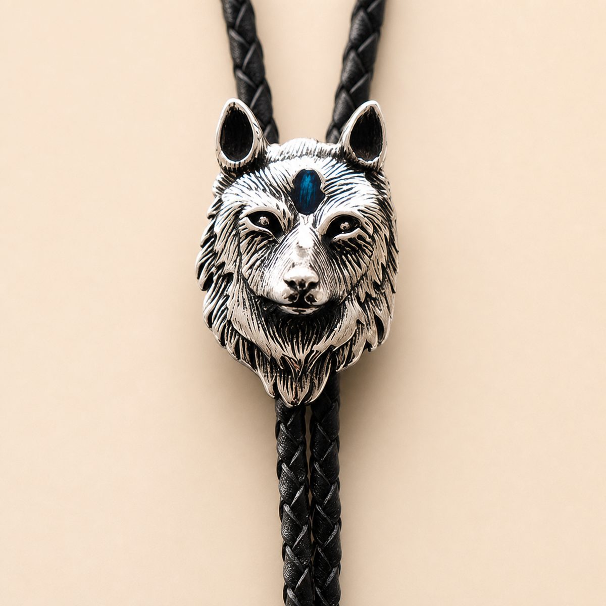 Stainless Steel Blue Inlay Wolf Head Bolo Tie