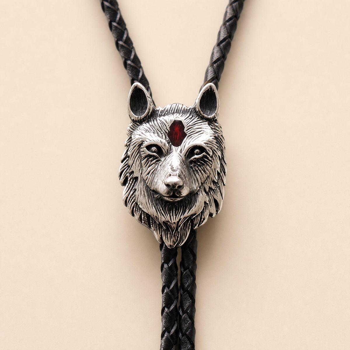 Stainless Steel Red Inlay Wolf Head Bolo Tie