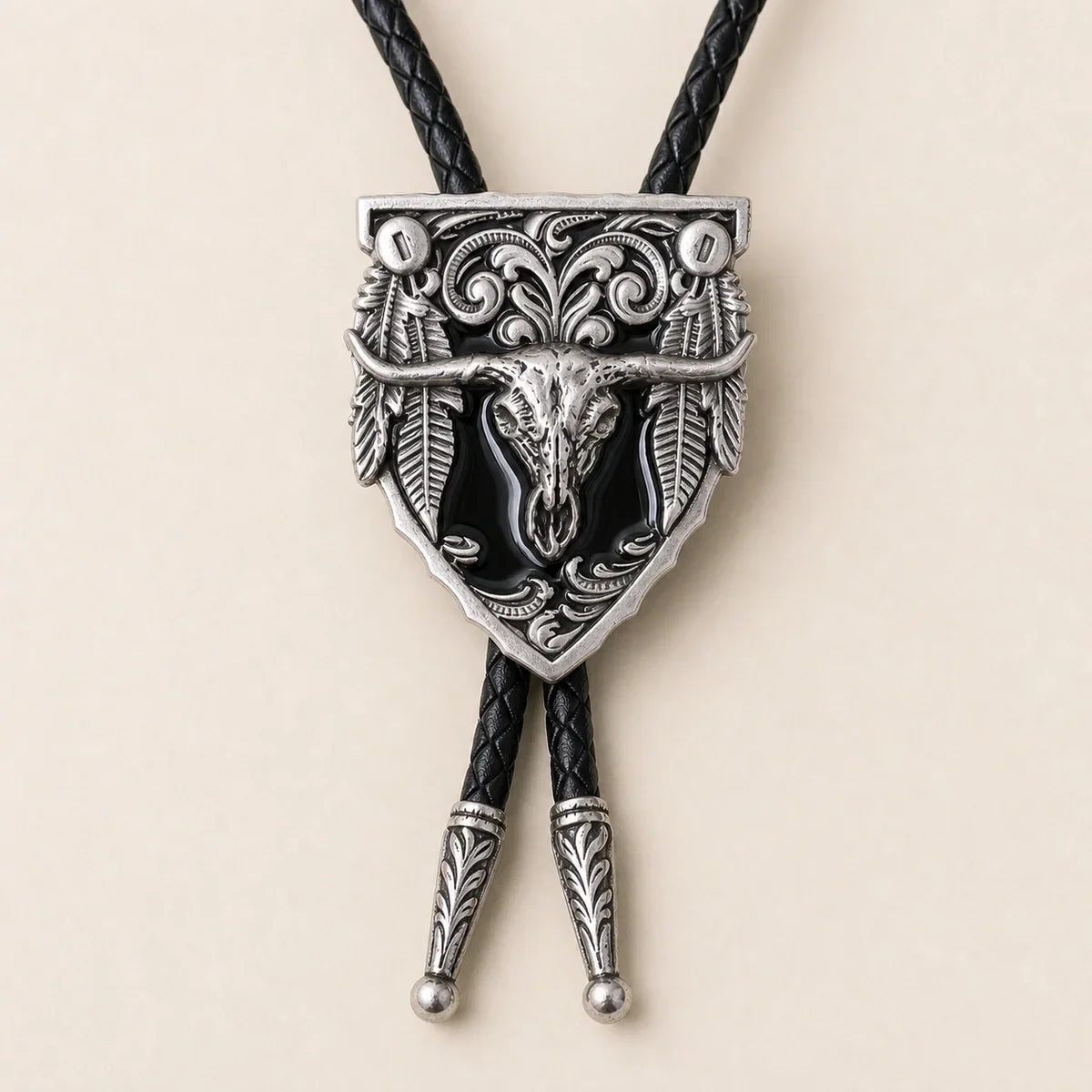 Western Longhorn Black Enamel Bolo Tie