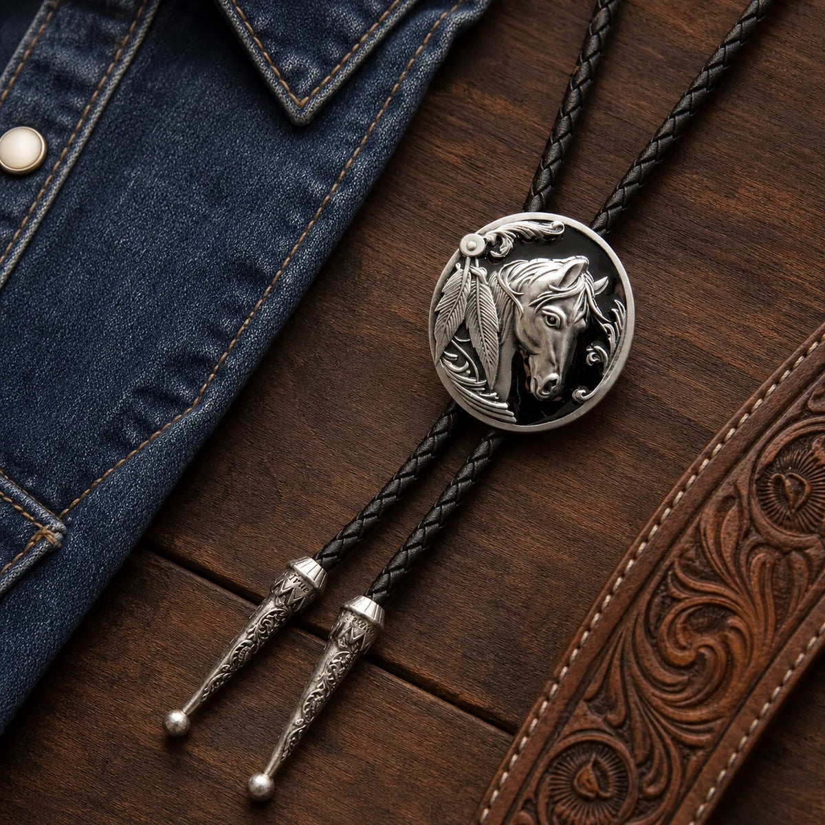 Black Horse Head Antique Silver Bolo Tie