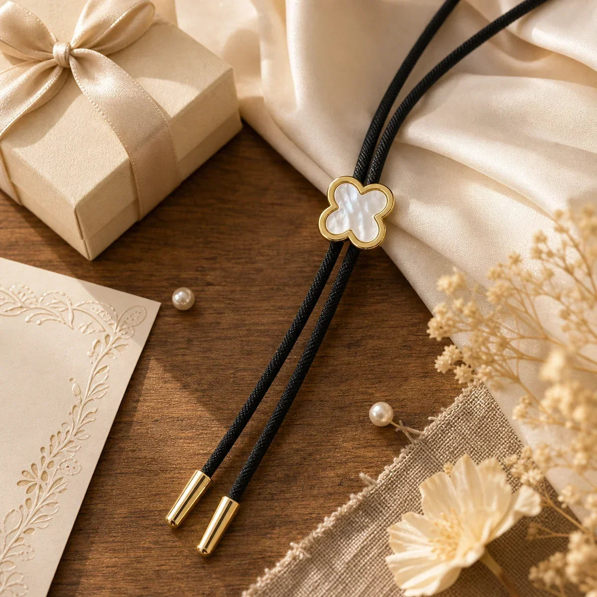 Lucky Clover White Shell Gold-Plated Bolo Tie
