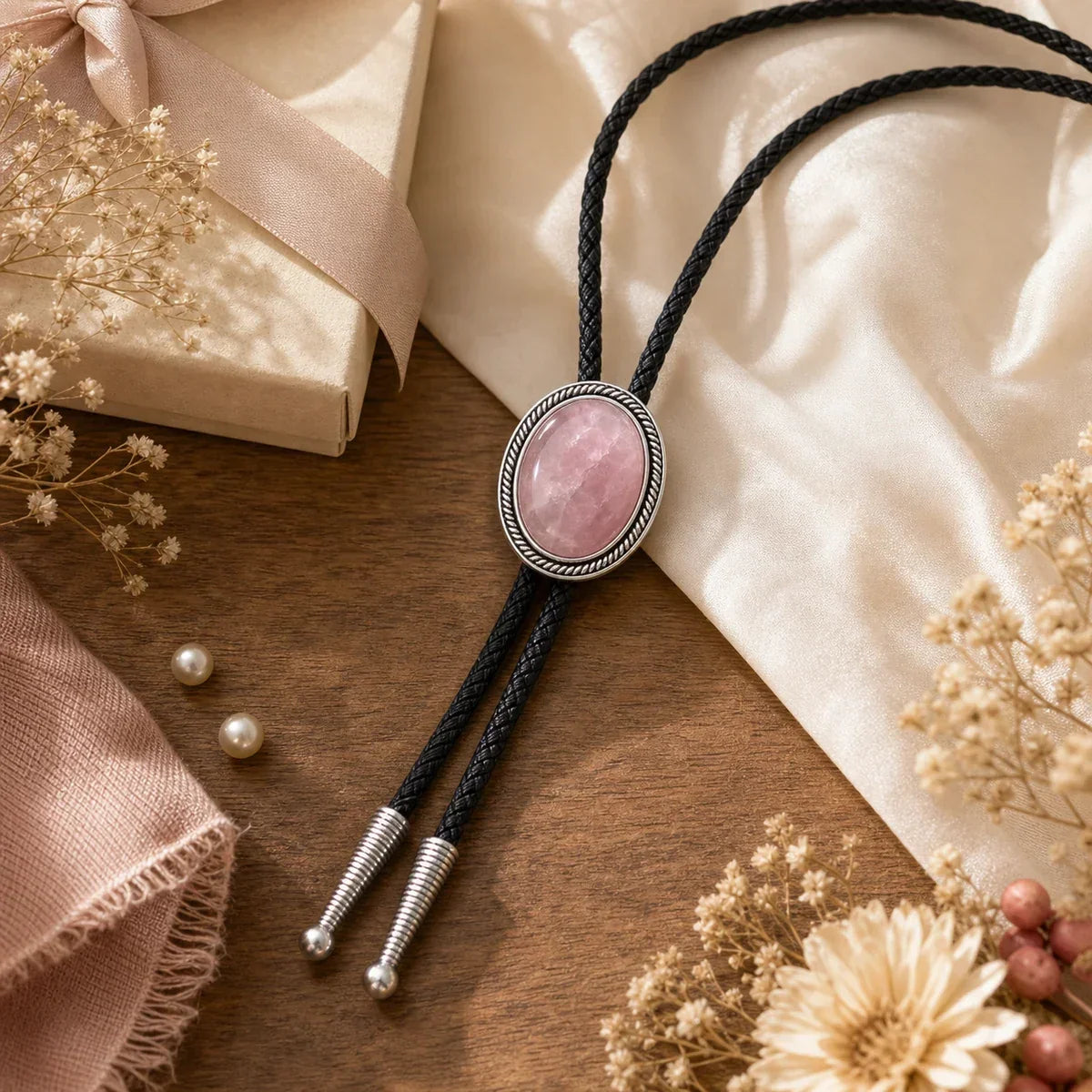 Rose Quartz Silver-Plated Bolo Tie