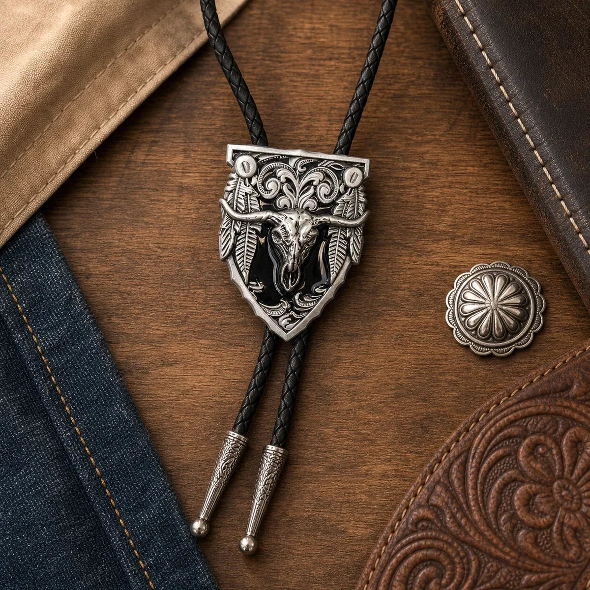 Western Longhorn Black Enamel Bolo Tie