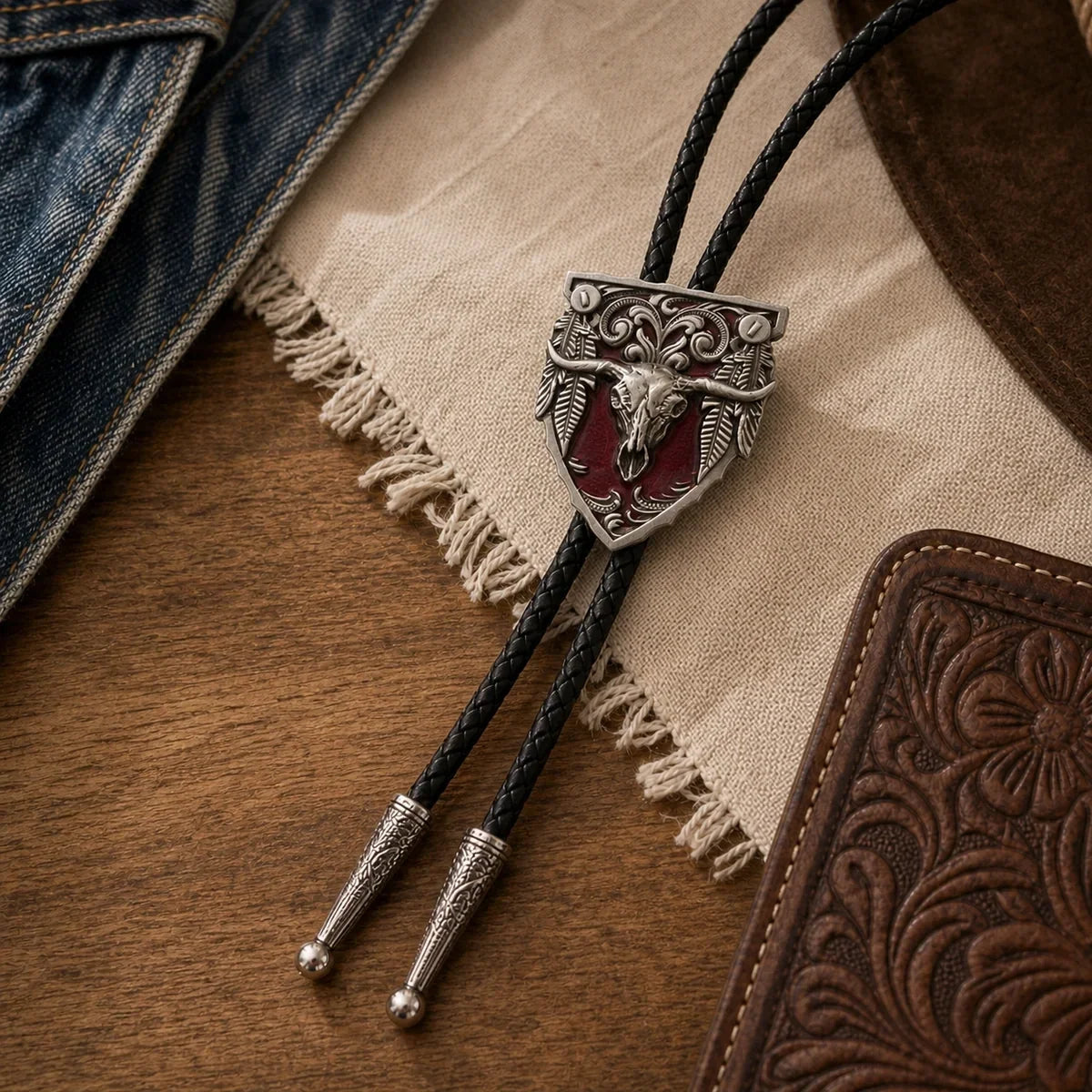 Western Longhorn Red Enamel Bolo Tie