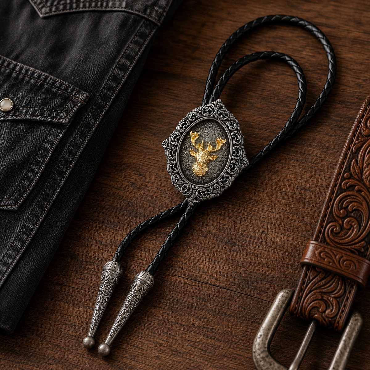 Gilded Stag Antique Silver Bolo Tie