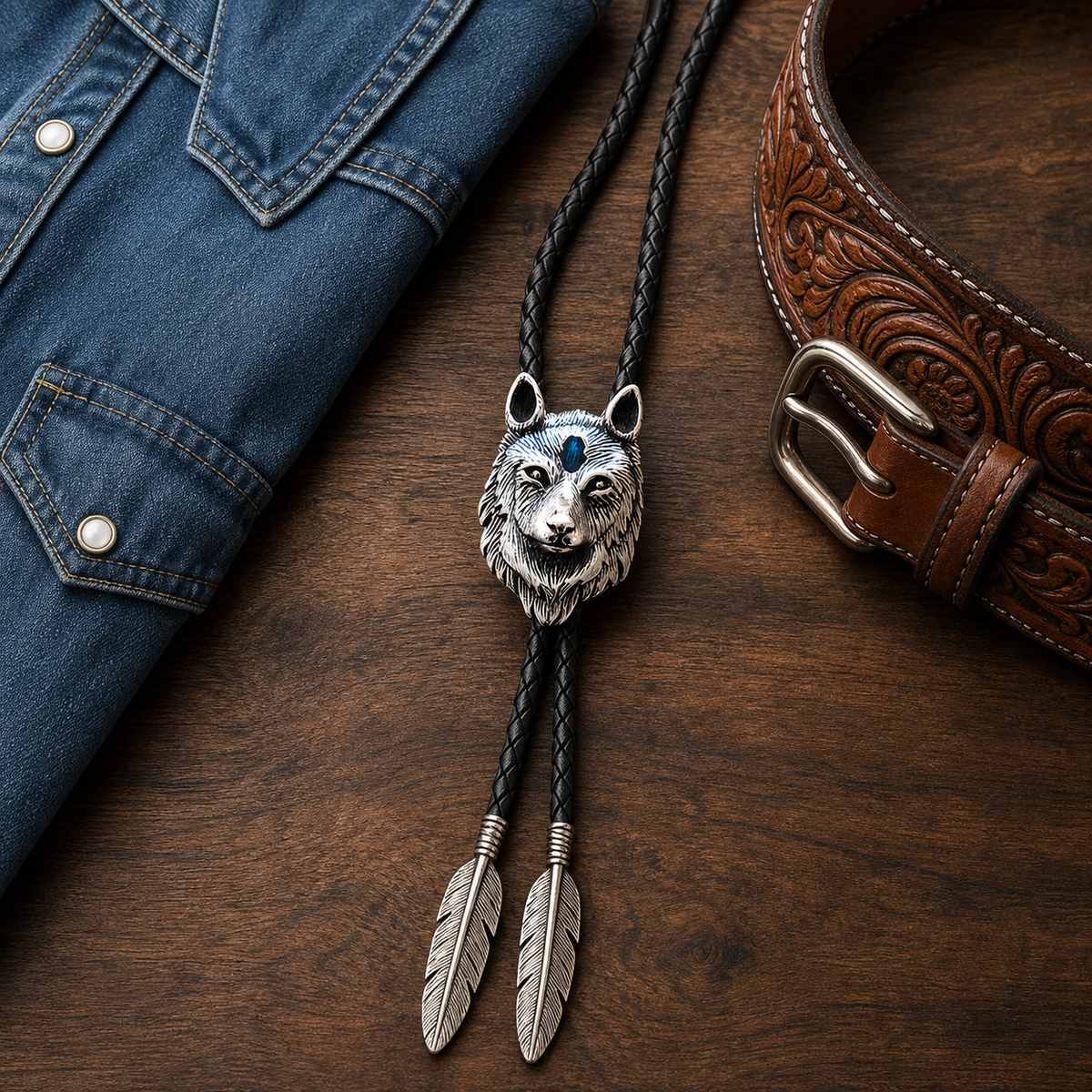 Stainless Steel Blue Inlay Wolf Head Bolo Tie