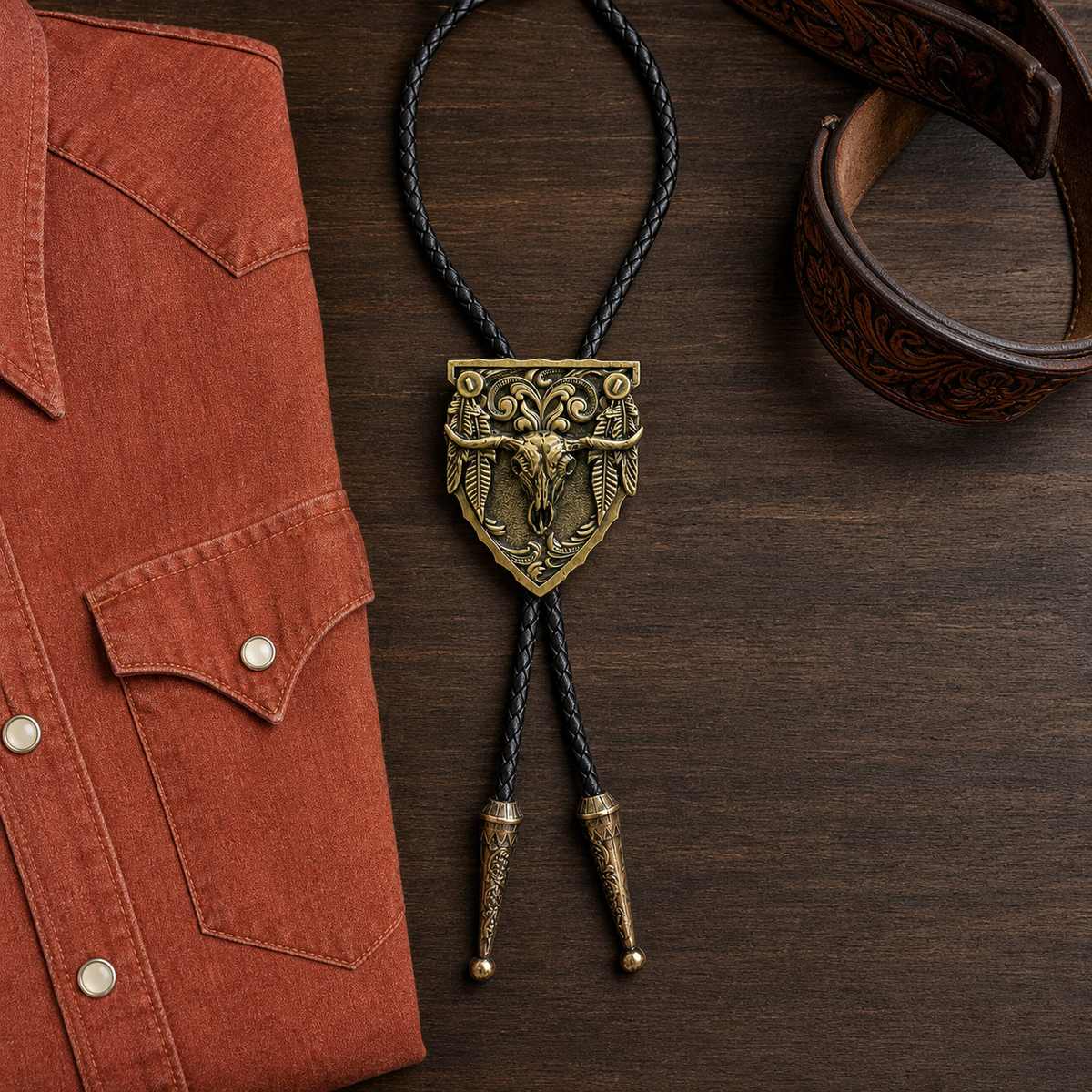 Antique Copper Longhorn Arrowhead Bolo Tie