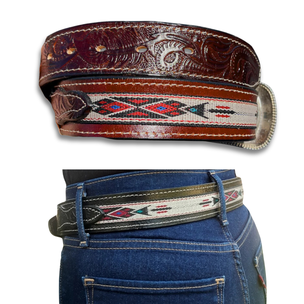 Western Leather Carved Belt - Aztec