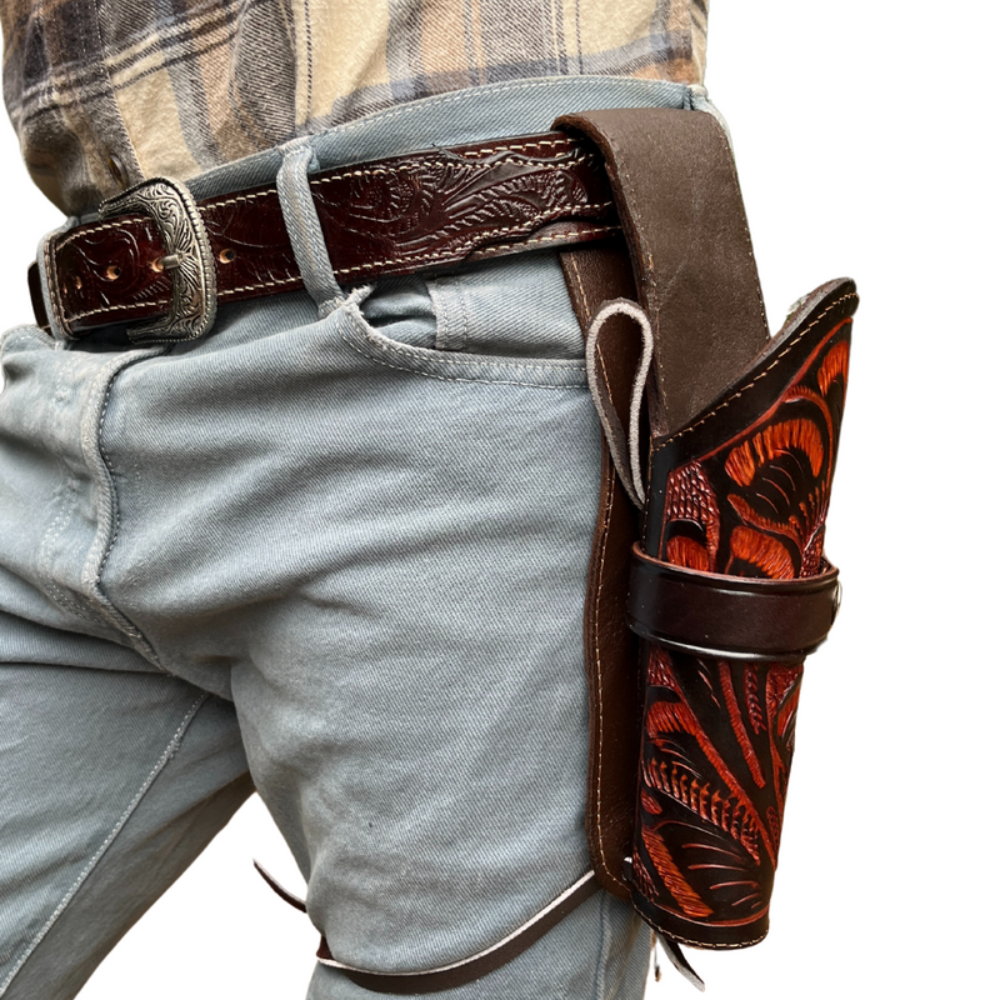 LEFT HANDED Hip Draw Tooled Leather Holster  - Brown
