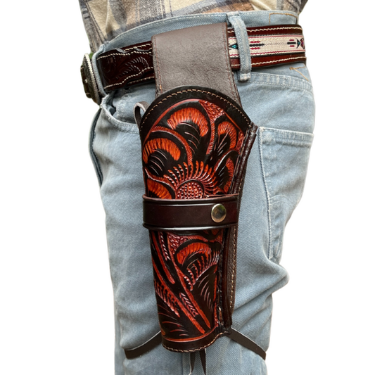 LEFT HANDED Hip Draw Tooled Leather Holster  - Brown
