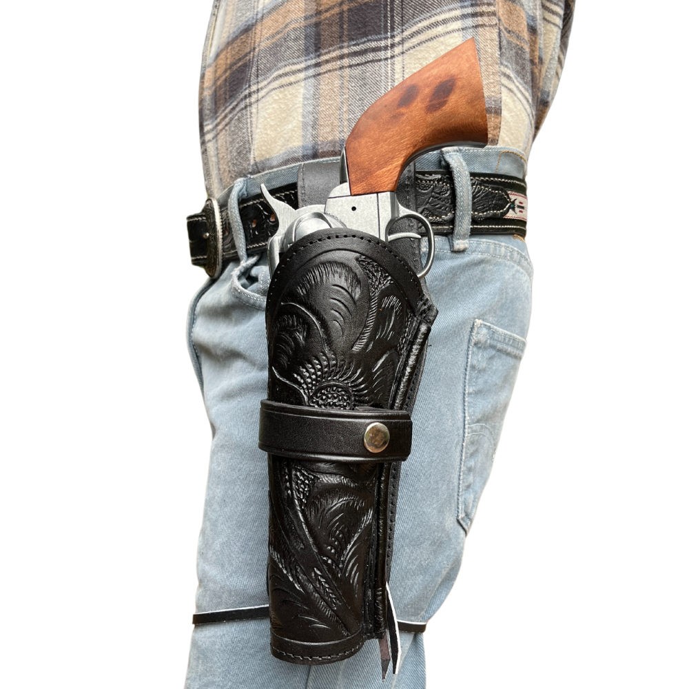 LEFT HANDED Hip Draw Tooled Leather Holster  - Black