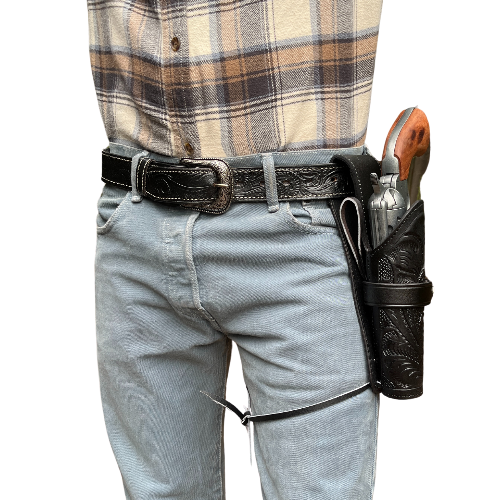 LEFT HANDED Hip Draw Tooled Leather Holster  - Black