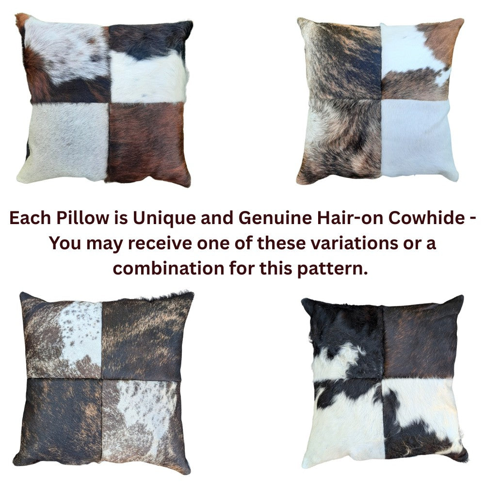 Genuine Cowhide Patchwork Pillow – Double-Sided Hair-on-Hide, 16×16