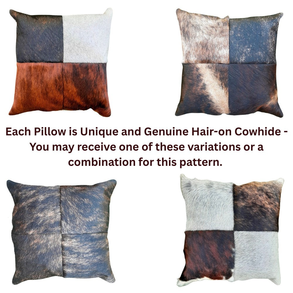 Genuine Cowhide Patchwork Pillow – Double-Sided Hair-on-Hide, 16×16