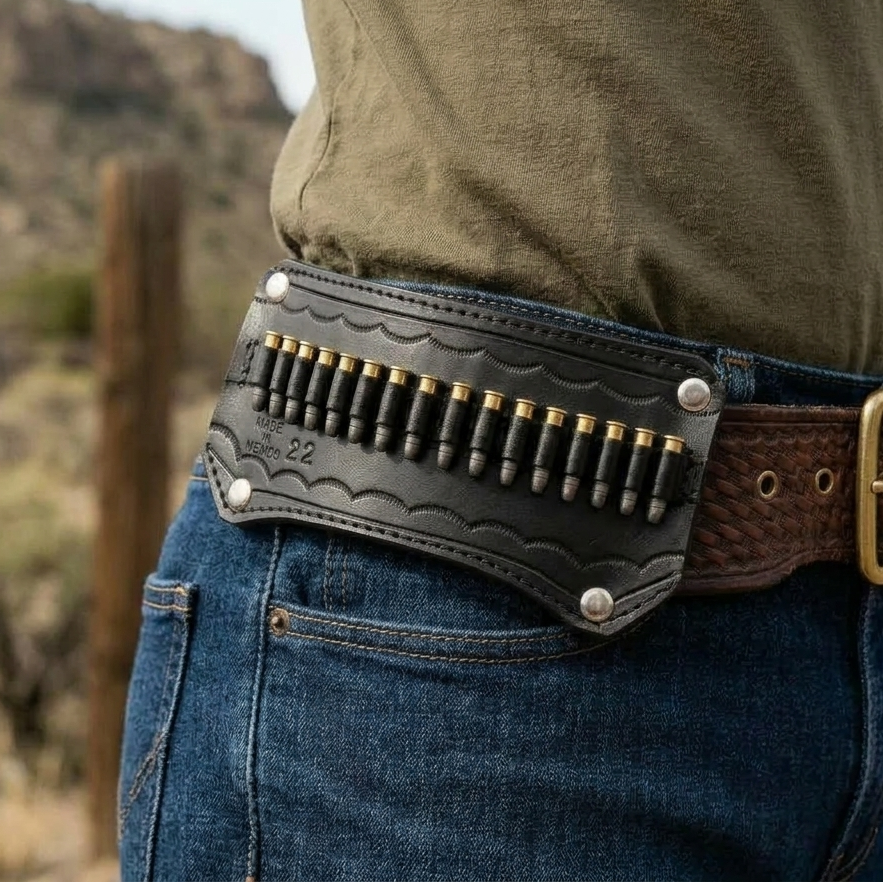 Person wearing a leather belt with bullet pouches in a desert setting