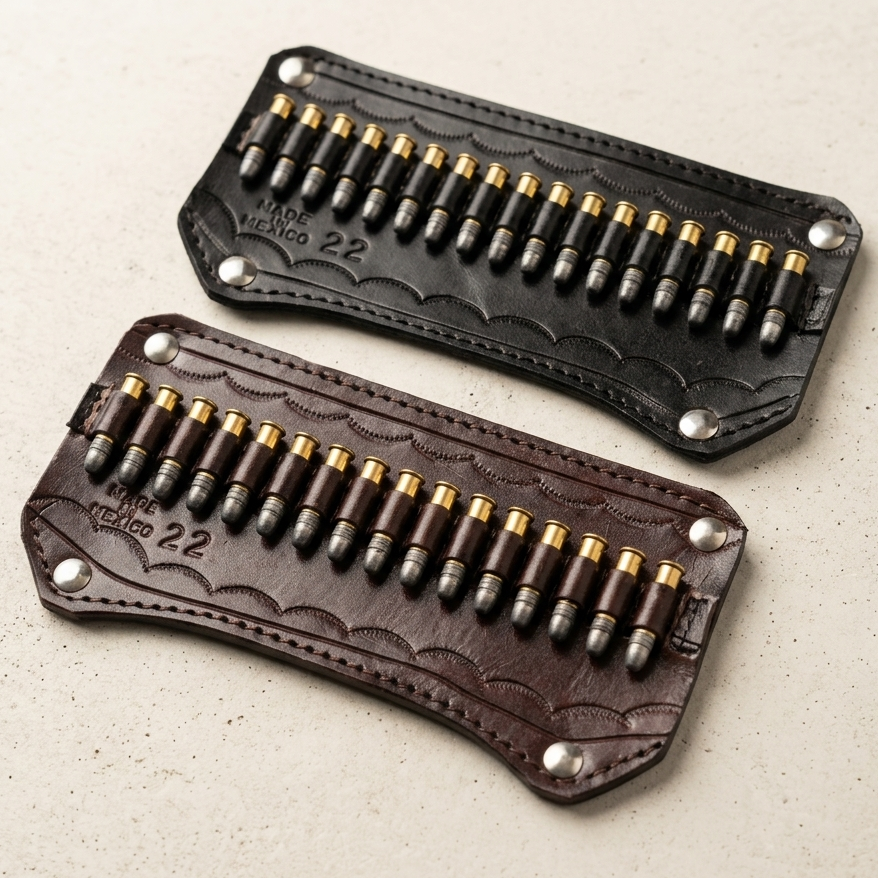 Two leather magazine holders with bullets on a light gray background
