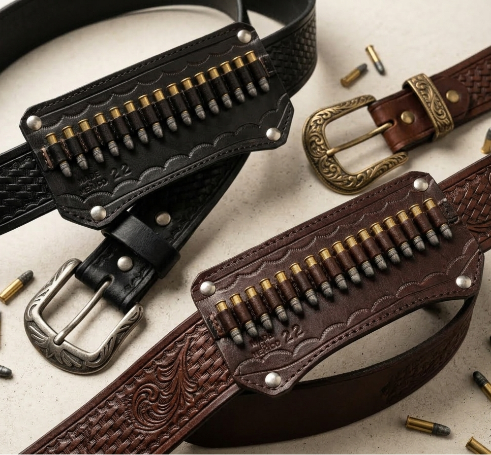 Two leather belts with bullet holders and brass bullets on a light background