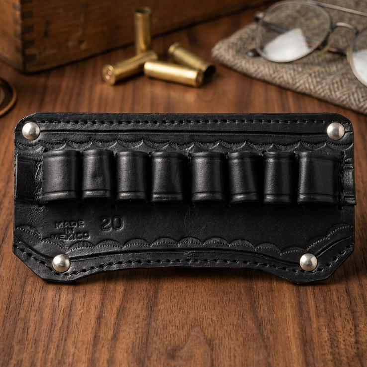 Black leather ammo holder with bullets on a wooden surface